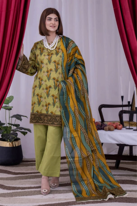 3 Piece - Arfa Unstitched Peach Yellow Ladies Transliminor Magic Print Lawn Suit