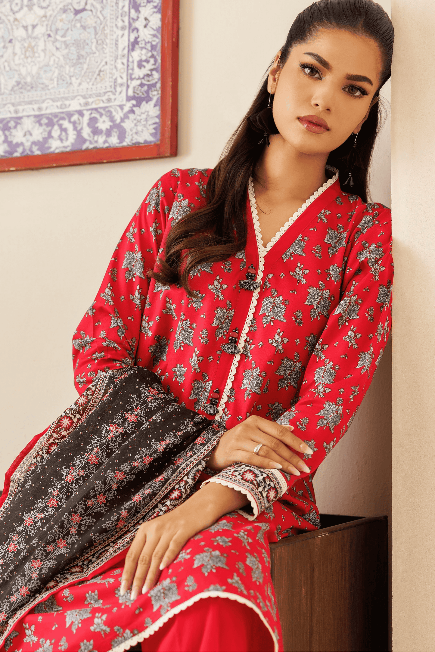 3 Pieces - Orient Unstitched Red Printed Lawn Suit