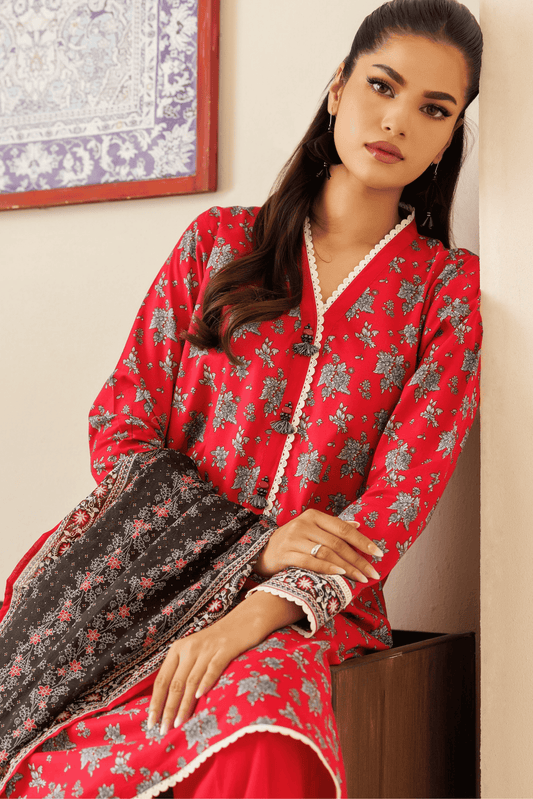 3 Pieces - Orient Unstitched Red Printed Lawn Suit