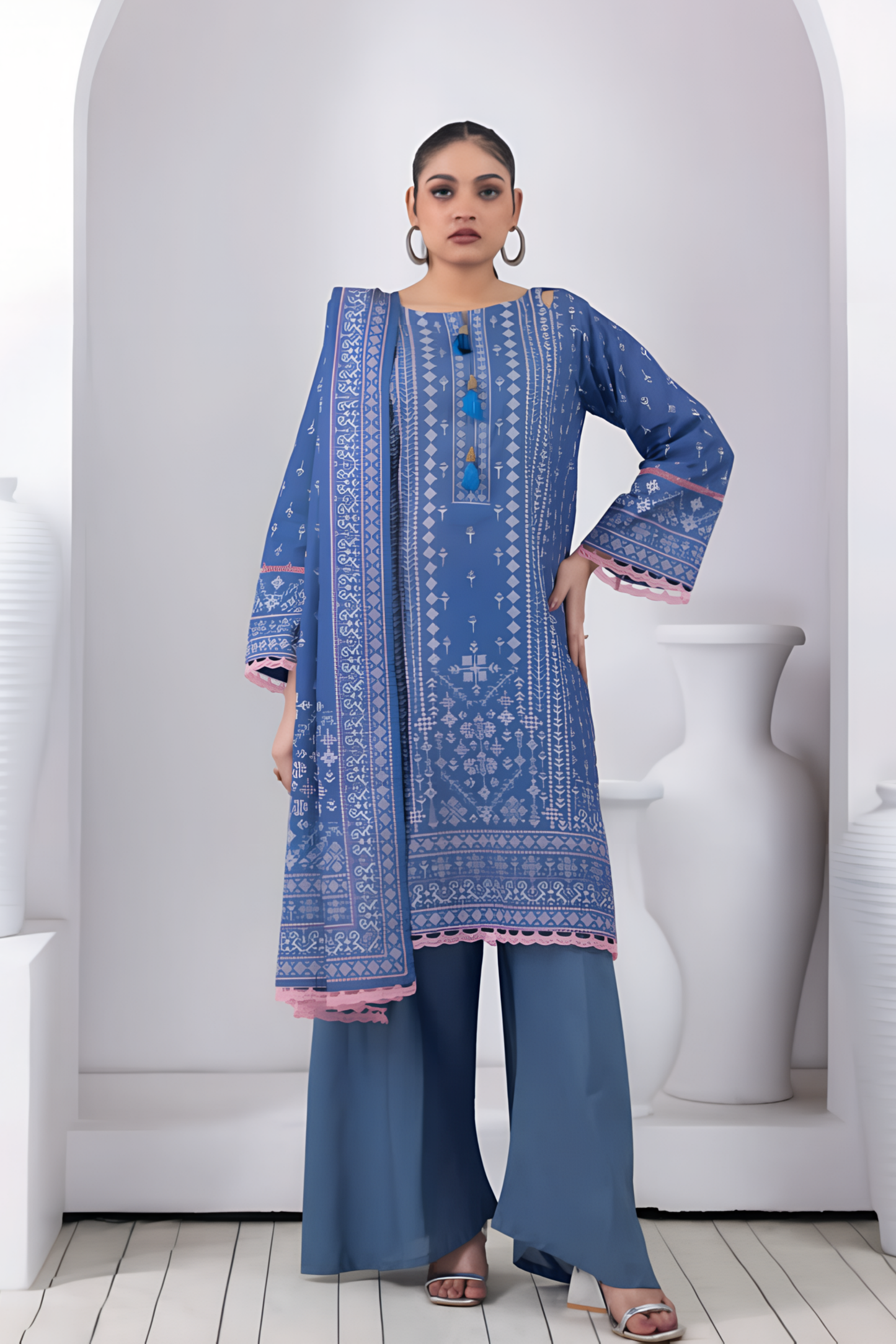 3 Pieces - Regalia Stitched Blue Printed Khaddar Suit