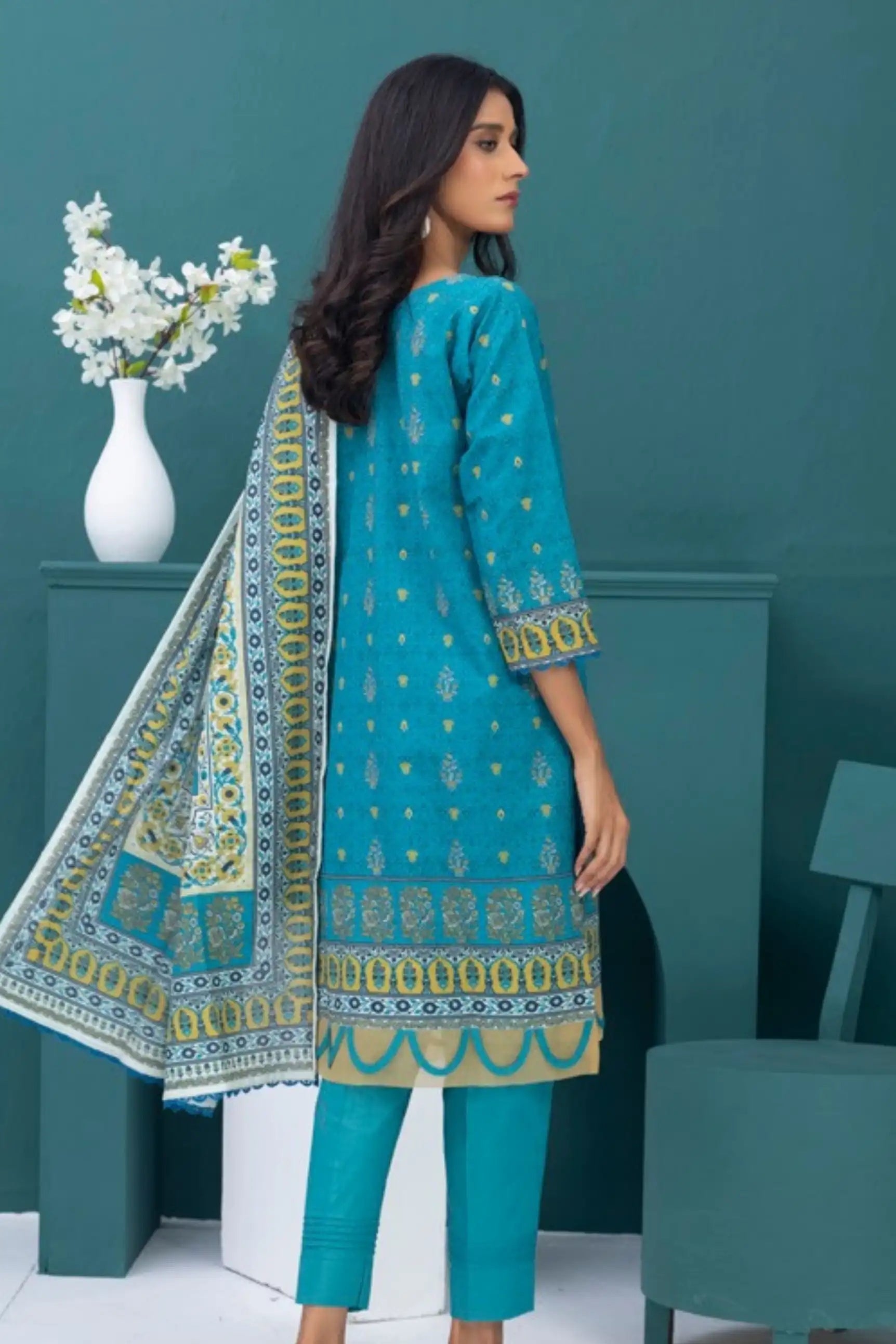 3 Pieces - Regalia Stitched Dark Firoze Printed Khaddar Suit