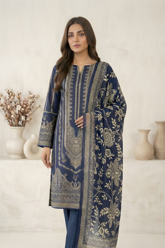 3 Pieces - Marooj Unstitched Navy Blue Transliminor Magic Print Lawn Suit