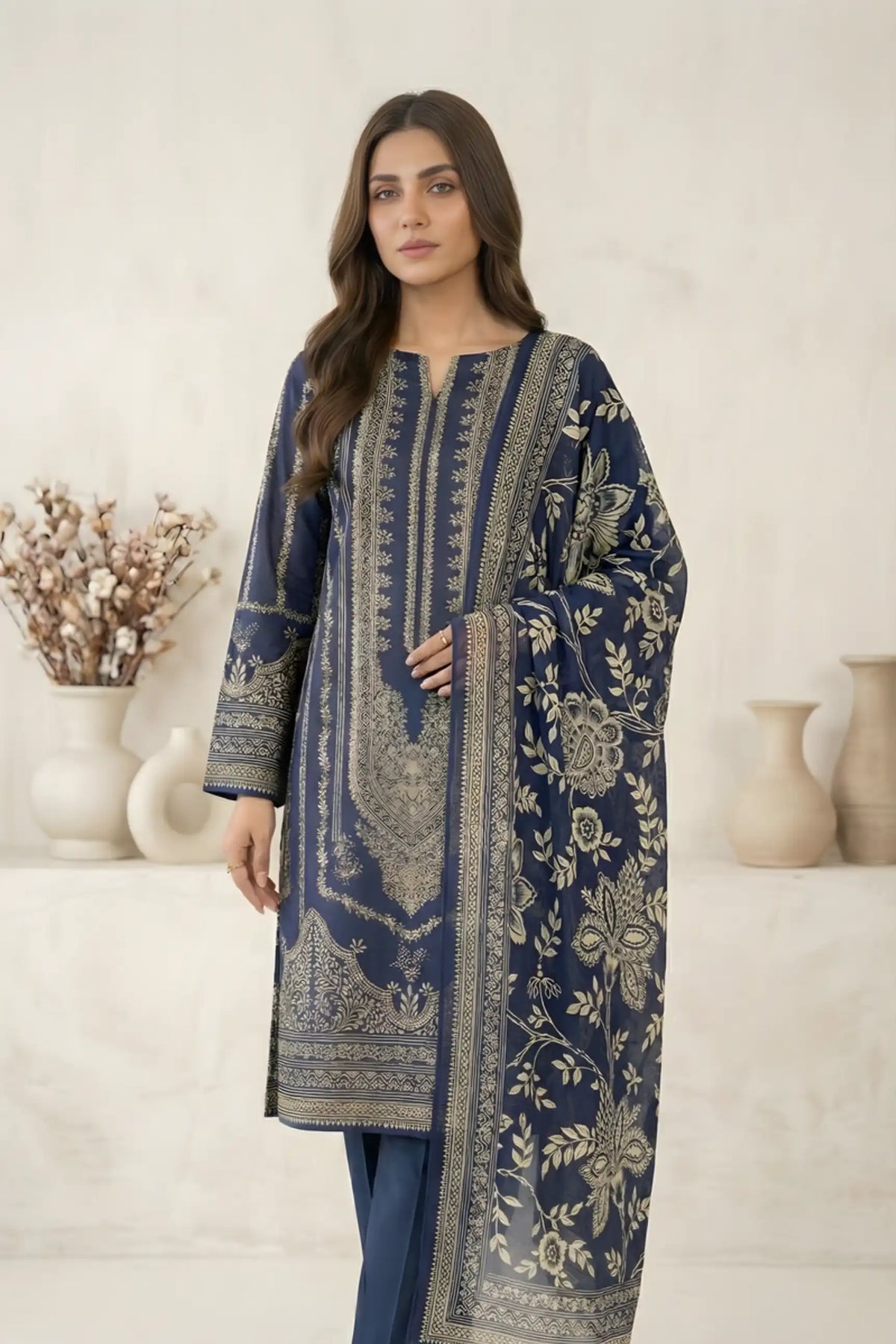 3 Pieces - Marooj Unstitched Navy Blue Transliminor Magic Print Lawn Suit