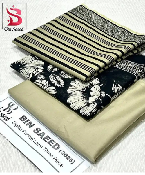 3 Pieces - Bin Saeed Unstitched  Cream Ladies Lawn Suit