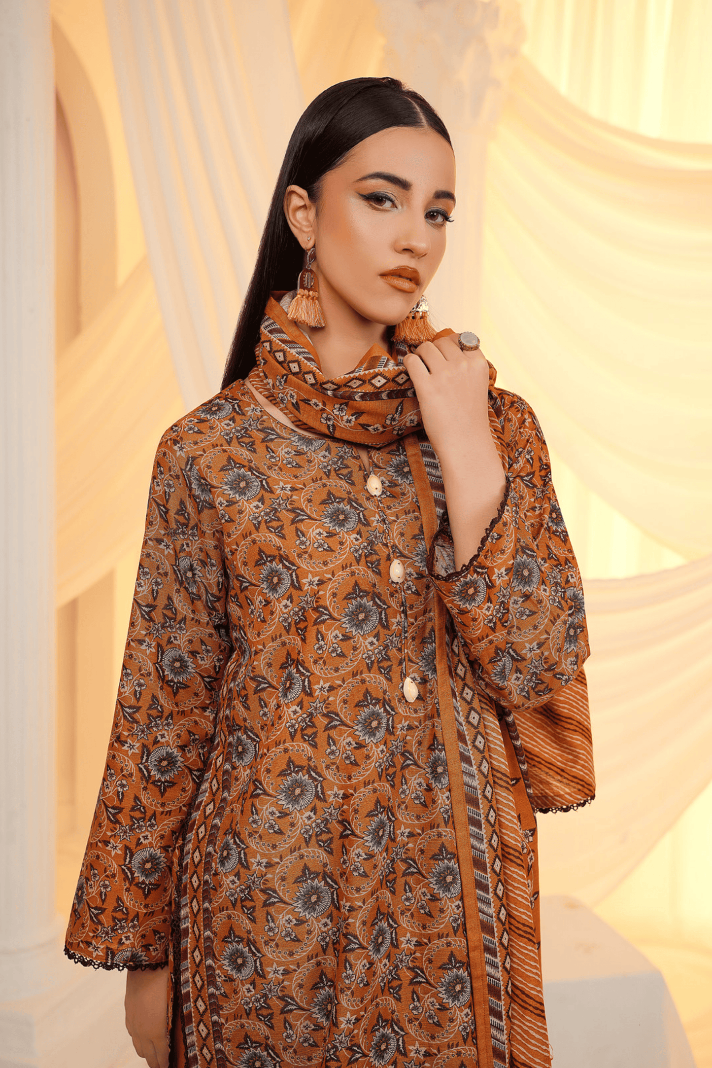 3 Pieces - Regalia Unstitched Mustard Printed Khaddar Suit