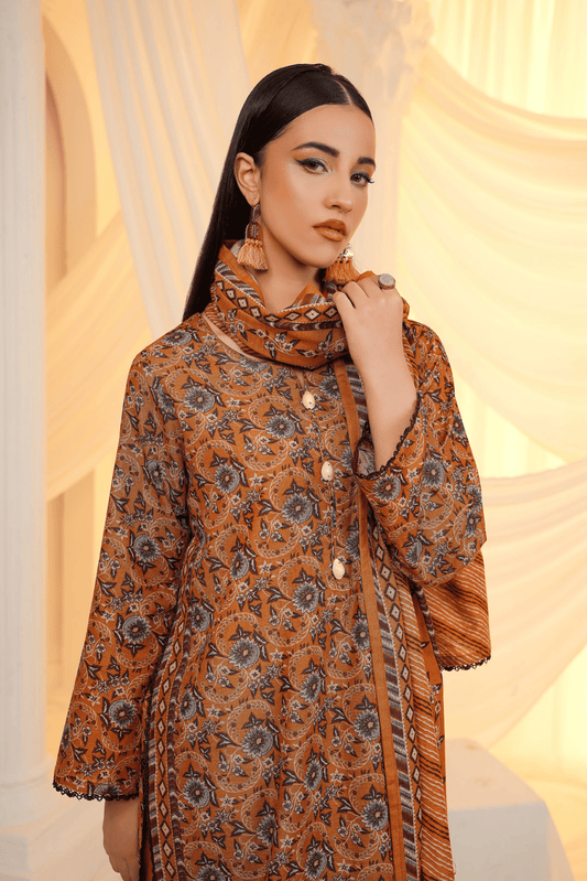 3 Pieces - Regalia Unstitched Mustard Printed Khaddar Suit