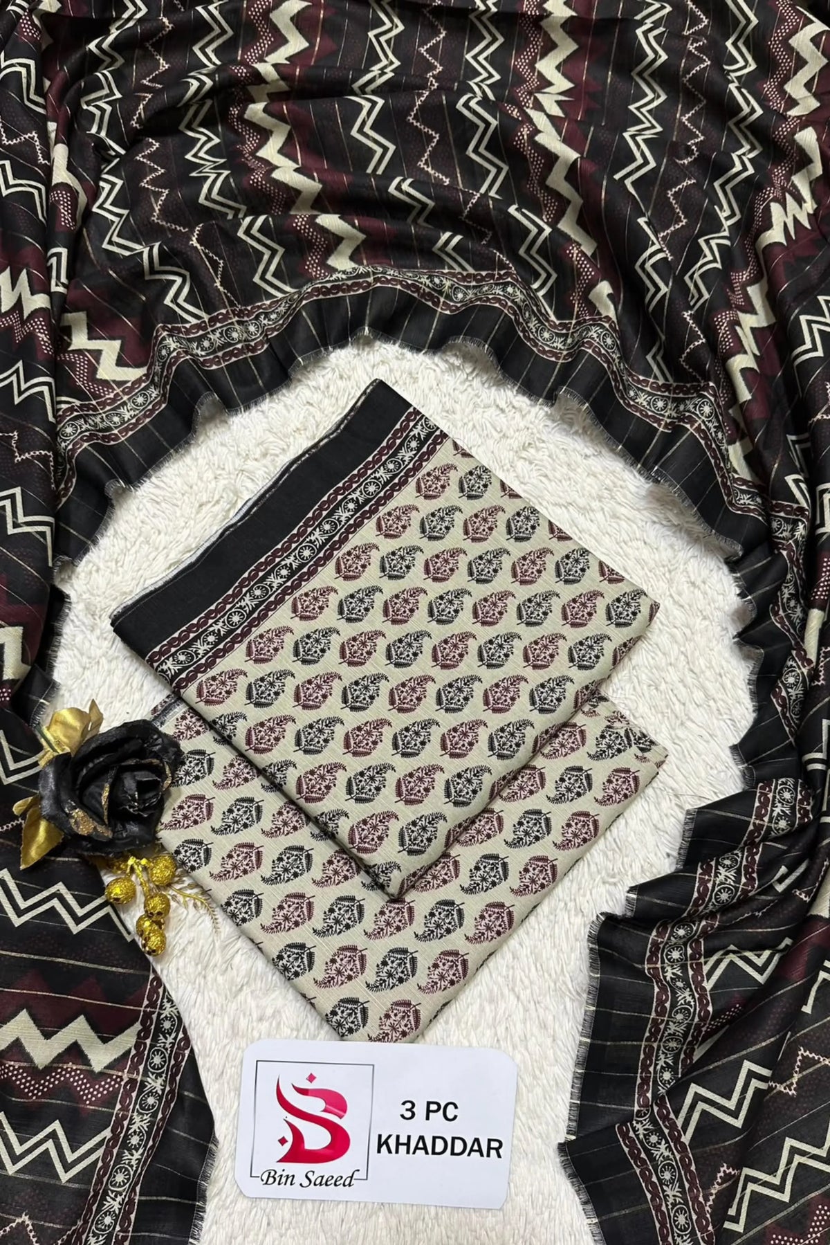 3 Pieces - Bin Saeed Unstitched OFF-White Ladies Printed Khaddar Suit