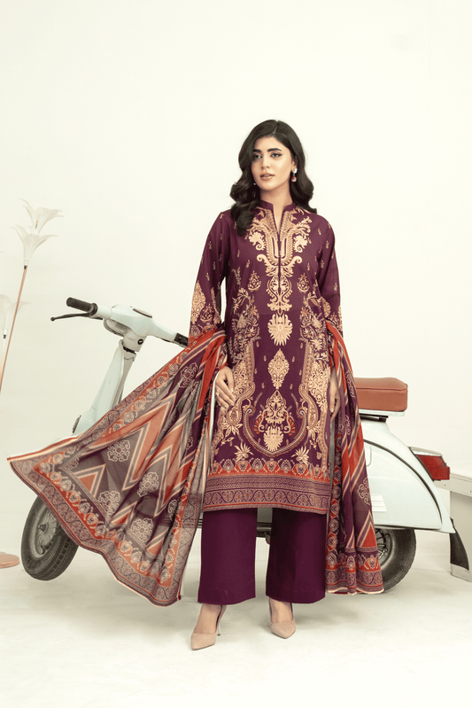 3 Piece - Gold Unstitched Maroon Printed Lawn Suit