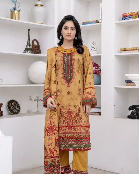 3 Piece - Marooj Unstitched Orange BanaDora Linen Suit