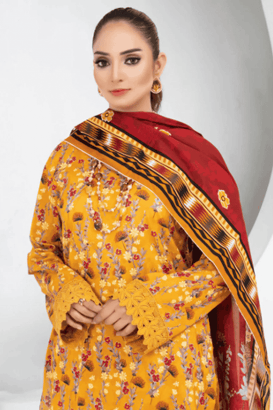 3 Piece - Mahi Unstitched Yellow Ladies Print Lawn Suit