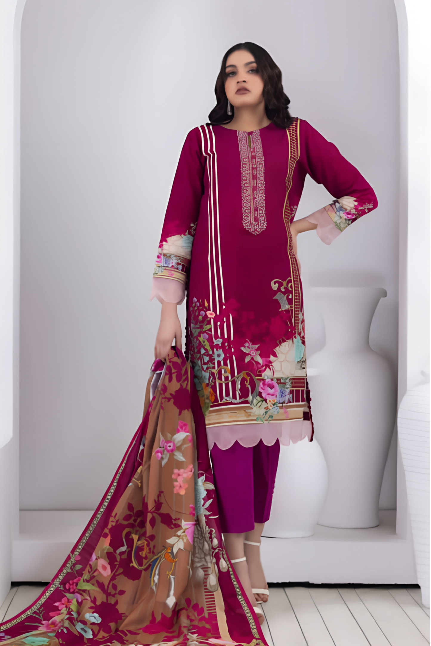 3 Pieces - Regalia Stitched Maroon Printed Khaddar Suit