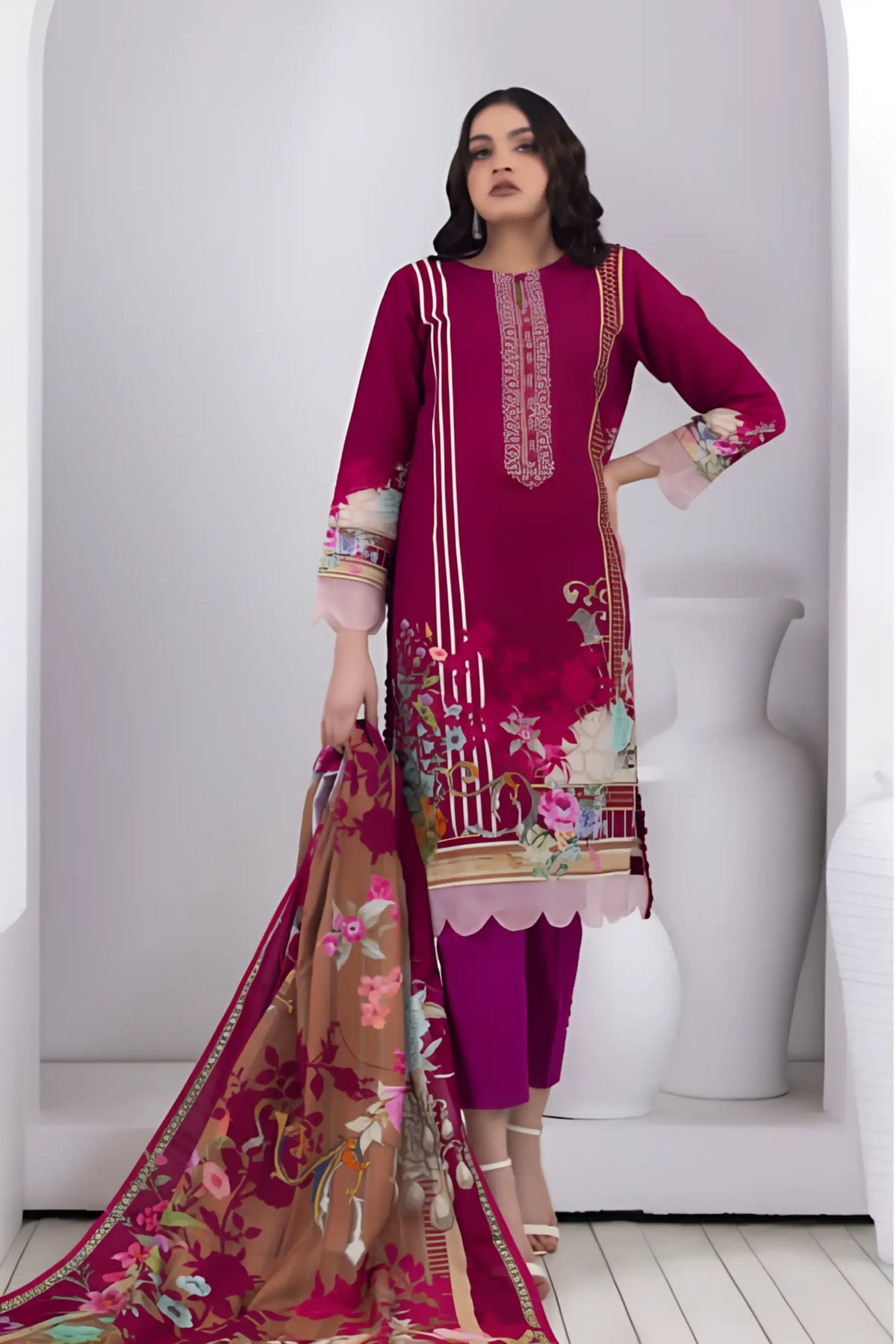 3 Pieces - Regalia Stitched Maroon Printed Khaddar Suit