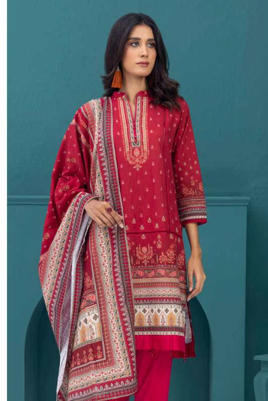 3 Pieces - Regalia Stitched Red Printed Khaddar Suit