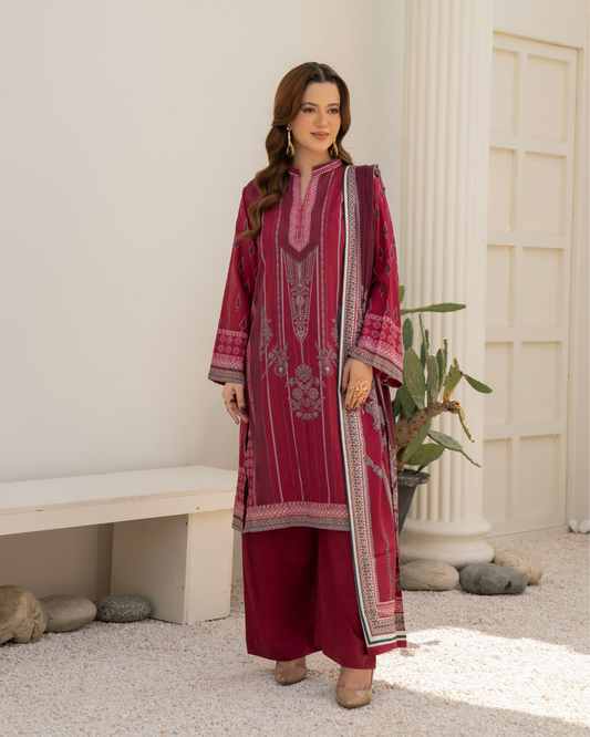 3 Pieces - Marooj Unstitched Maroon BanaDora Linen Suit