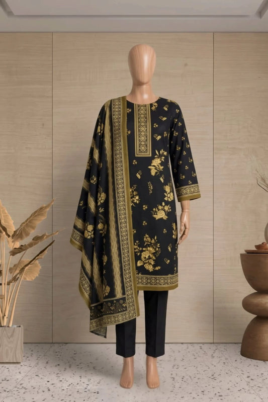 3 Pieces - Rijja By Murashe Unstitched Black Ladies Printed  Khaddar Suit