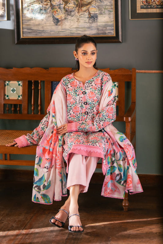 3 Pieces - Regalia Unstitched Light Pink Bana Dora Lawn Suit