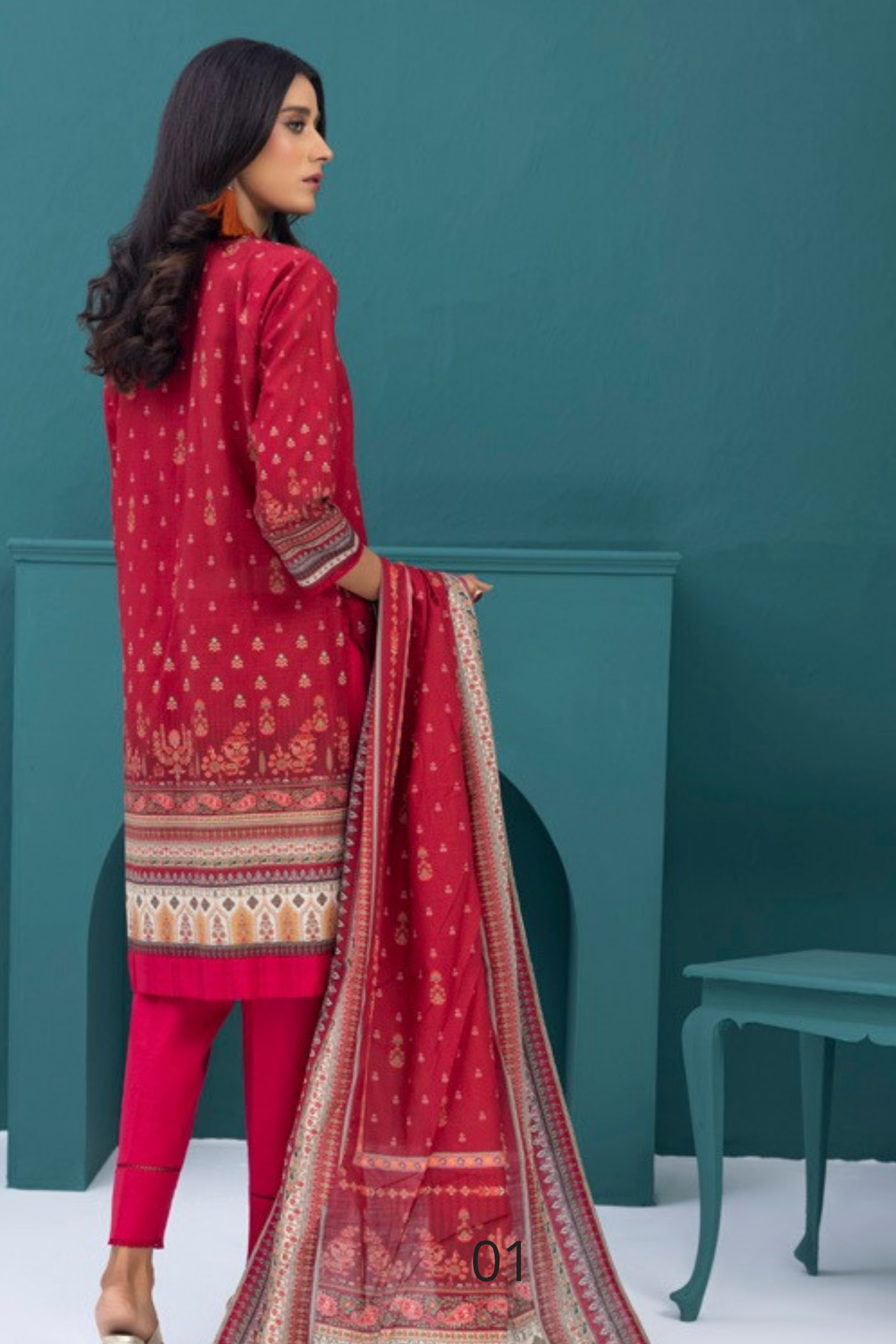 3 Pieces - Regalia Stitched Red Printed Khaddar Suit