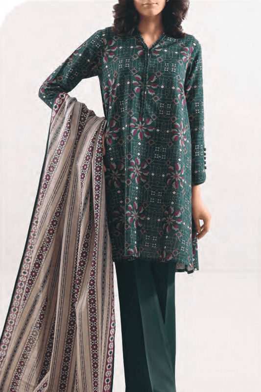 3 Pieces - Saya Unstitched Dark Green Printed Khaddar Suit