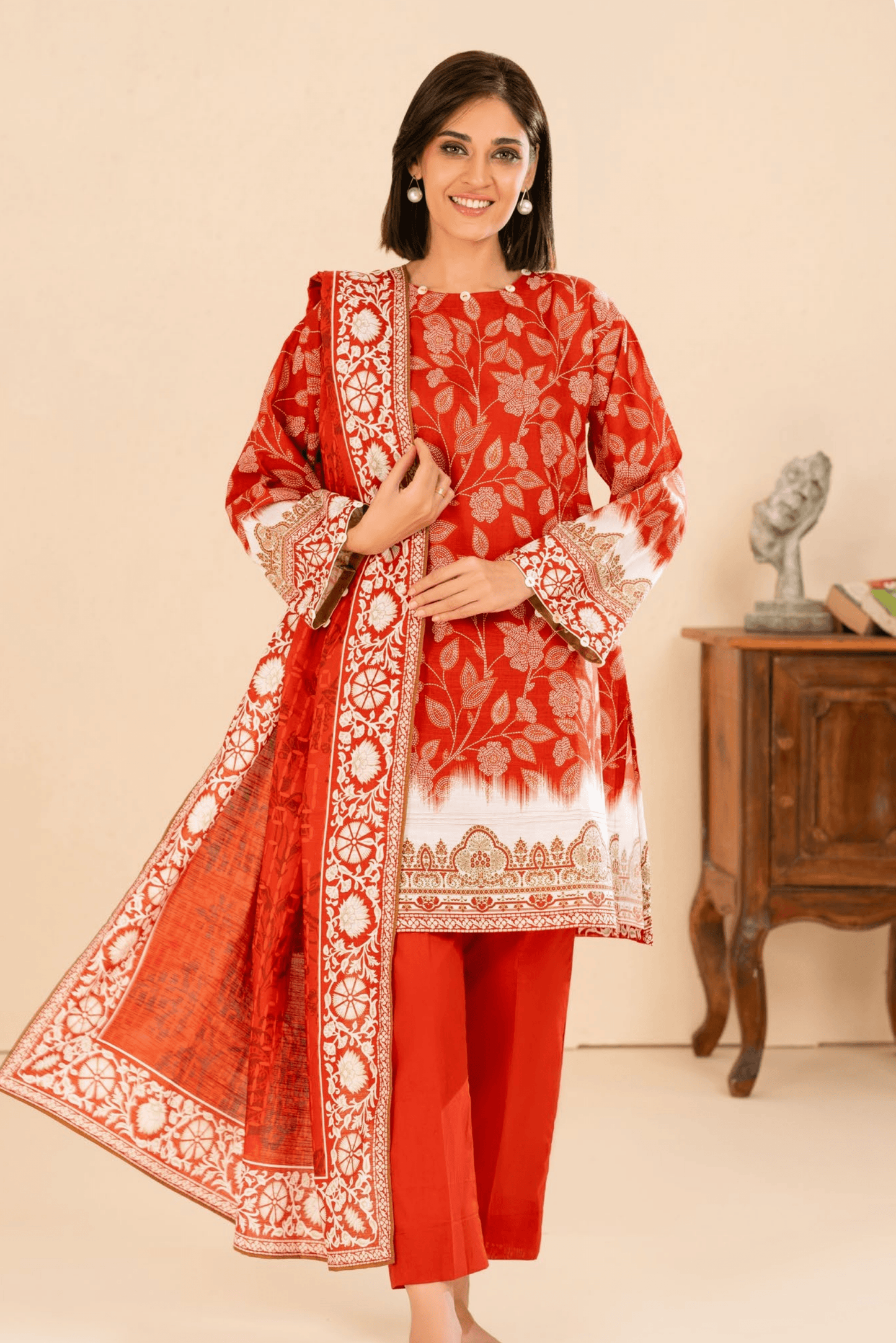 3 Pieces - GulAhmed Unstitched Red Printed Khaddar Suit