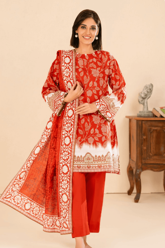 3 Pieces - GulAhmed Unstitched Red Printed Khaddar Suit