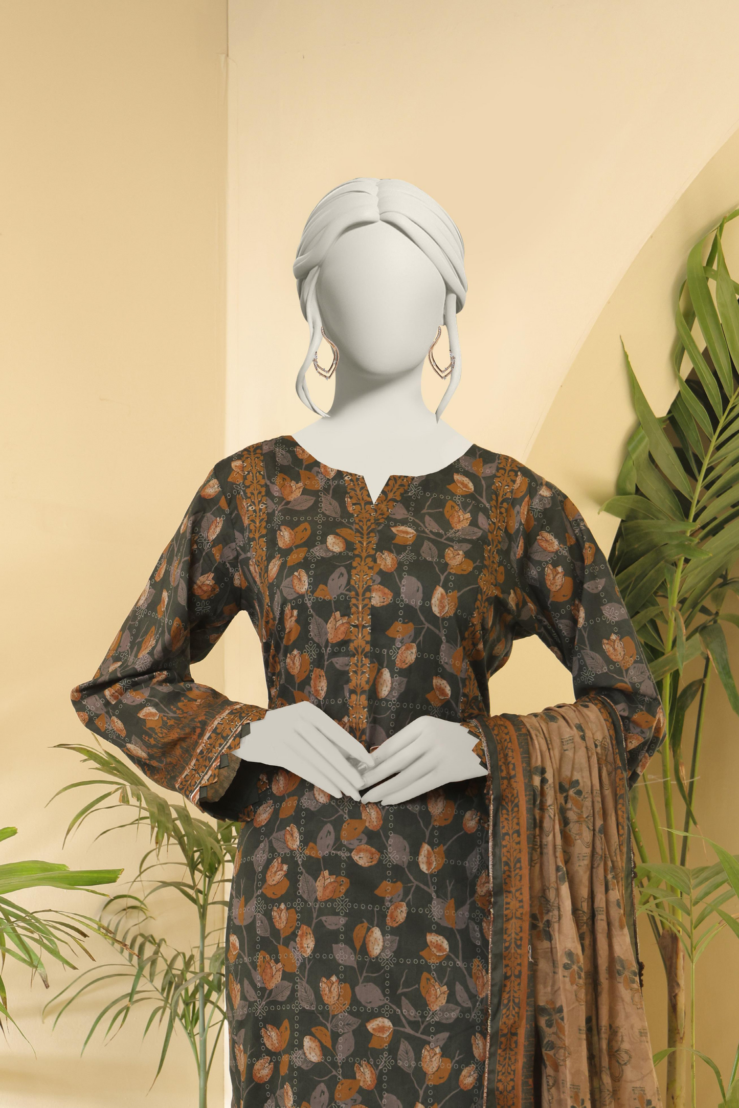 3 Pieces - Almeerah Unstitched Gray Aspragus Printed Lawn Suit