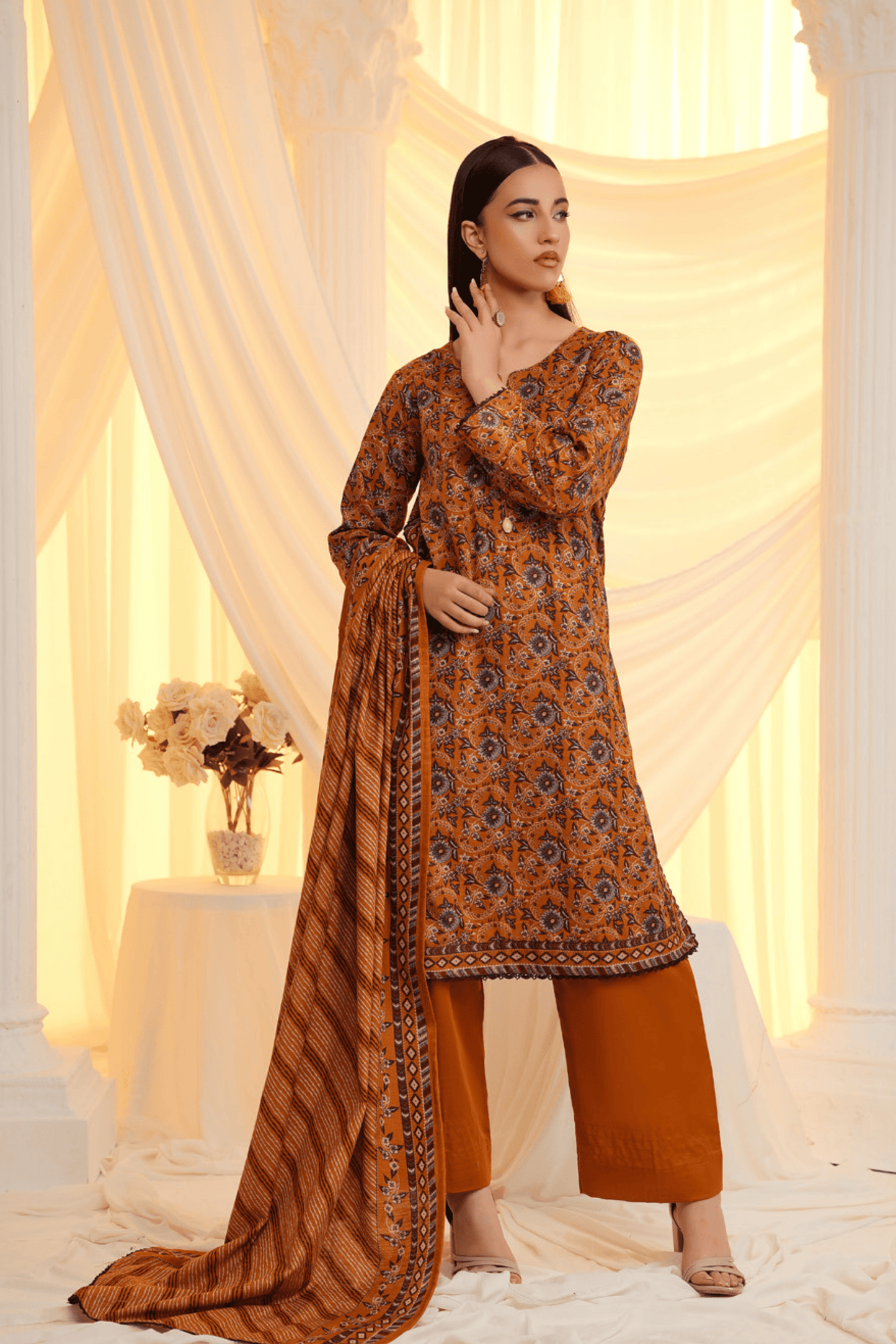 3 Pieces - Regalia Unstitched Mustard Printed Khaddar Suit