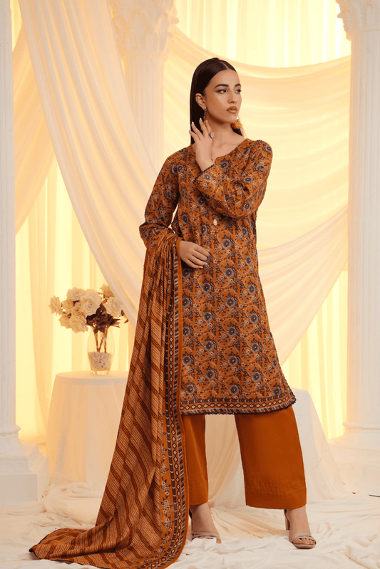 3 Pieces - Regalia Unstitched Mustard Printed Khaddar Suit