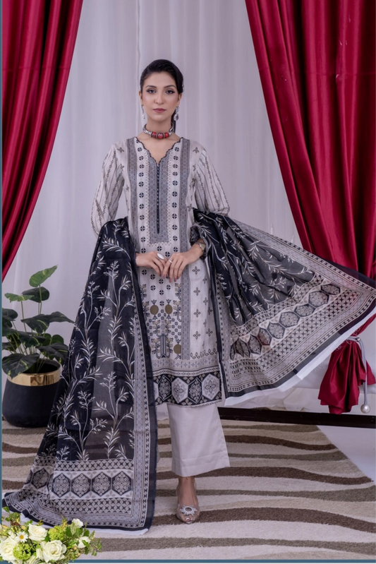 3 Piece - Arfa Unstitched PeachOff White Ladies Transliminor Magic Print Lawn Suit