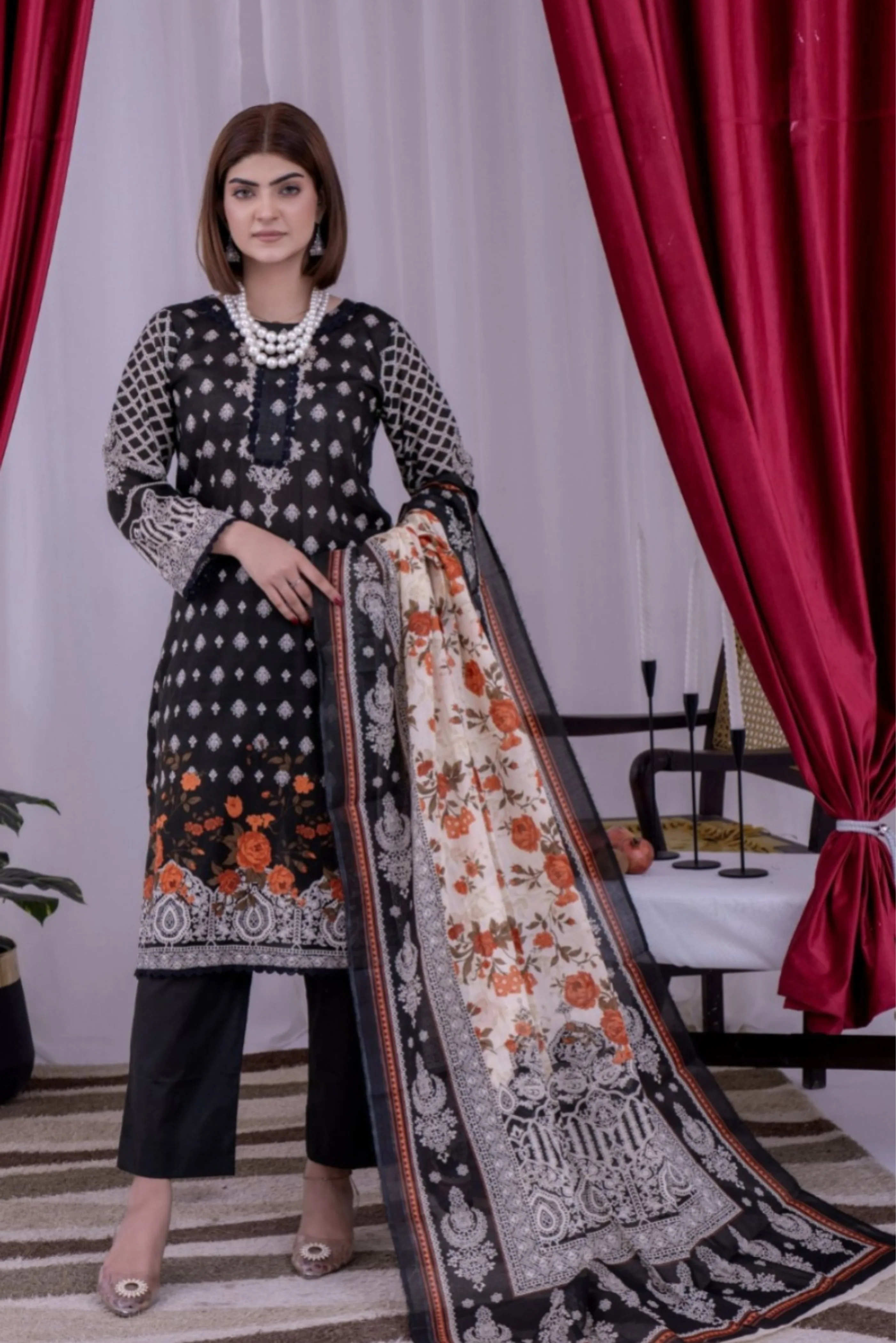 3 Piece - Arfa Unstitched Charcoal Ladies Transliminor Magic Print Lawn Suit