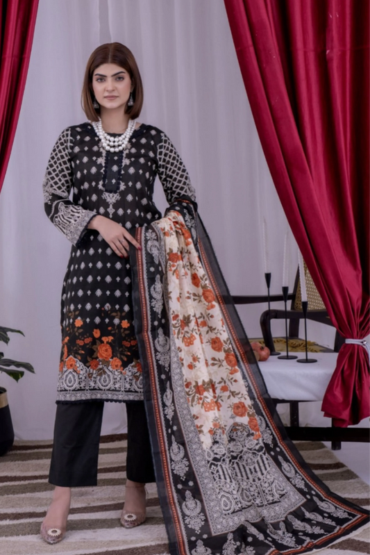 3 Piece - Arfa Unstitched Charcoal Ladies Transliminor Magic Print Lawn Suit