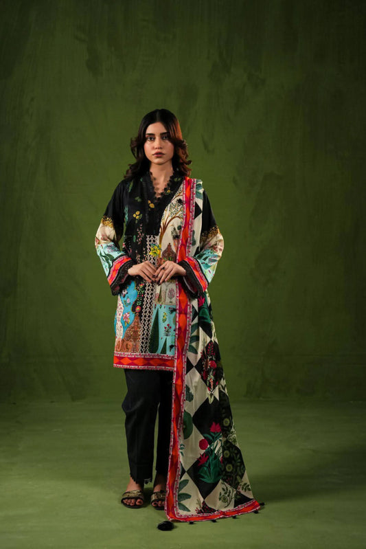 3 Piece: Aangan By Paltar Unstitched Black Ladies Lawn Suit