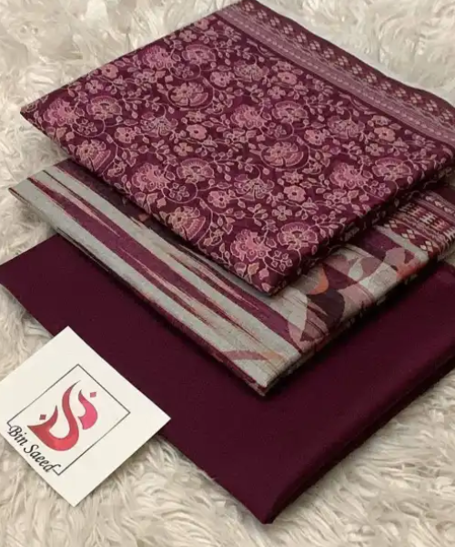 3 Pieces - Bin Saeed Unstitched  Maroon Ladies Lawn Suit
