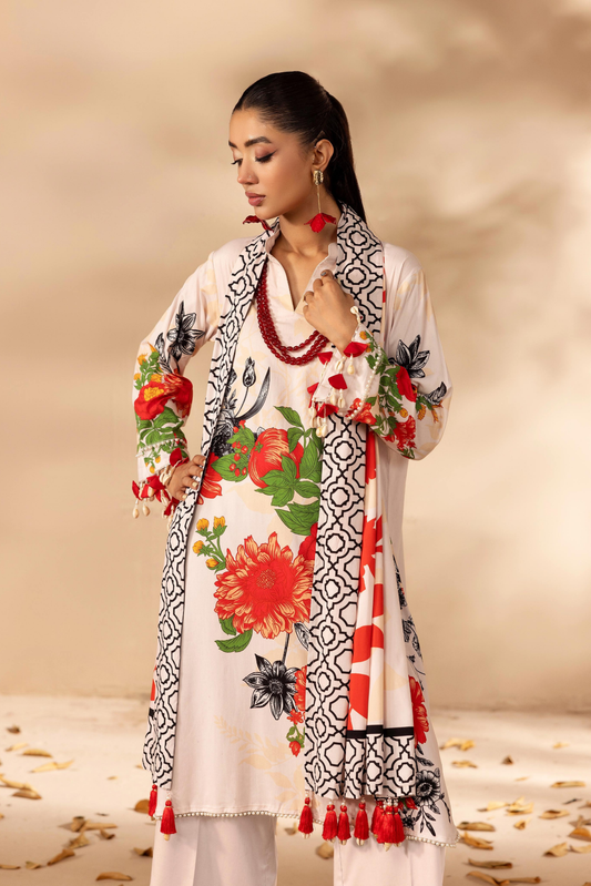3 Pieces - Rangreza Unstitched Off White Printed Linen Suit