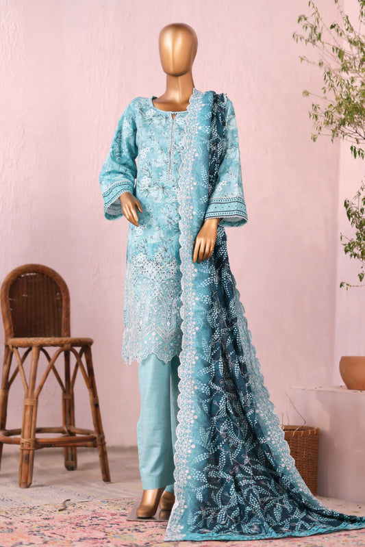 3 Pieces - Riwayat Unstitched Firozi Embroidered Dupatta & Embroidered Shirt Suit