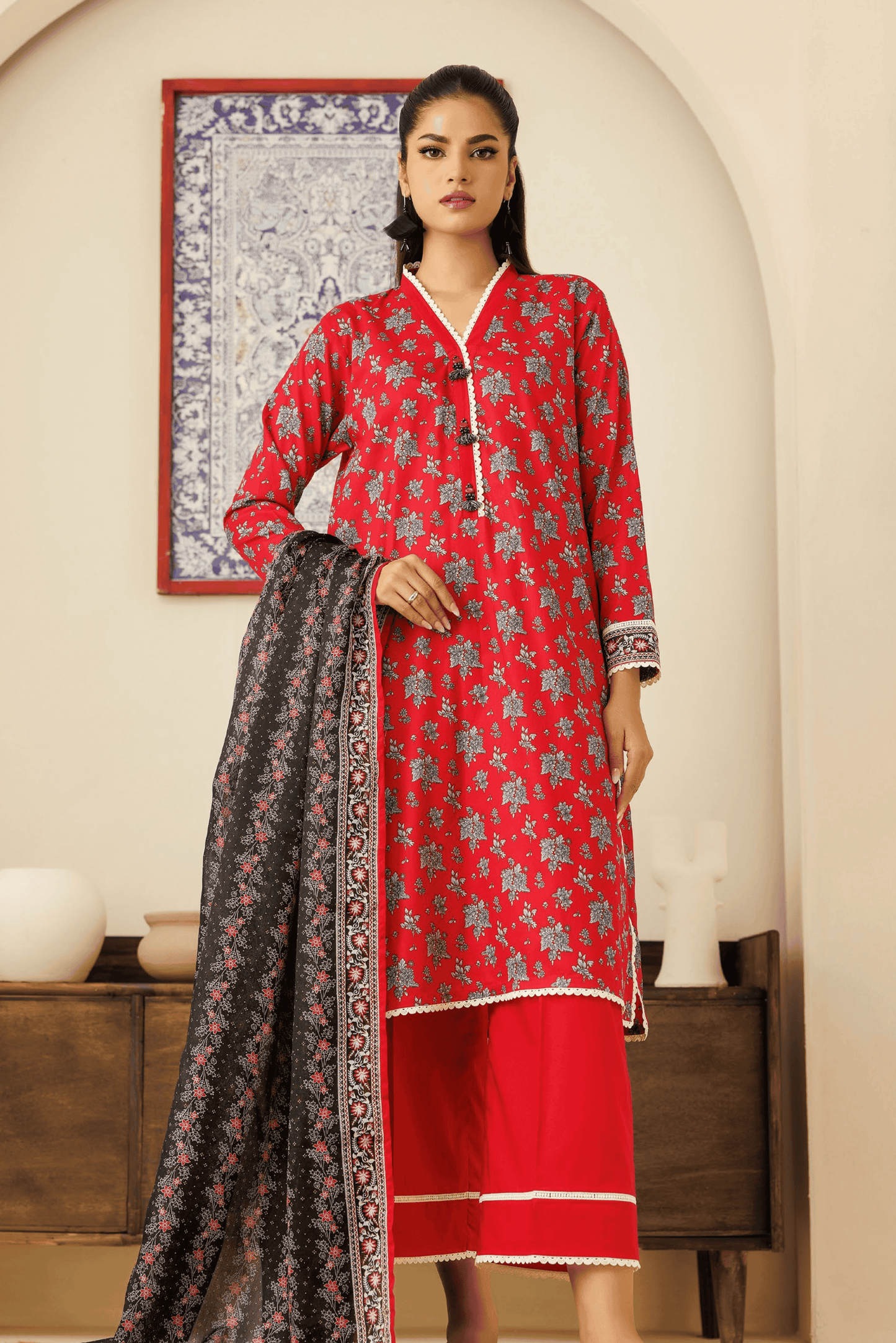3 Pieces - Orient Unstitched Red Printed Lawn Suit