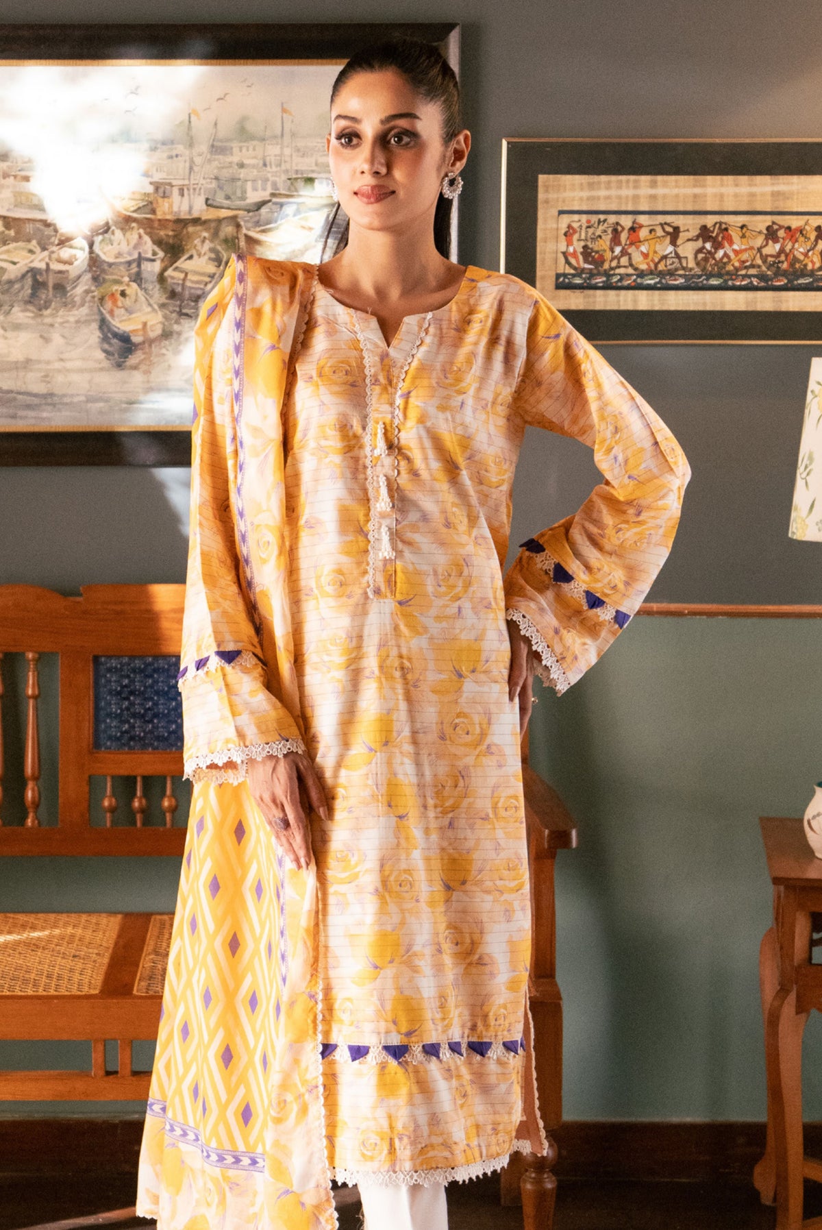 3 Pieces - Regalia Unstitched Mustard Bana Dora Lawn Suit