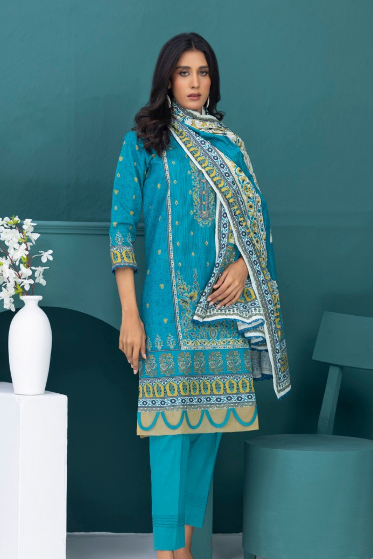 3 Pieces - Regalia Stitched Dark Firoze Printed Khaddar Suit