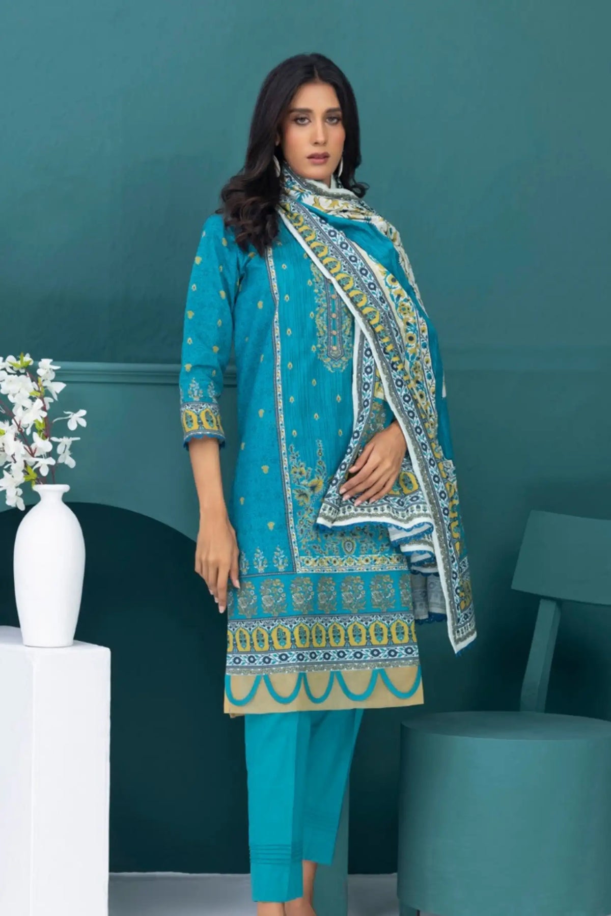 3 Pieces - Regalia Stitched Dark Firoze Printed Khaddar Suit