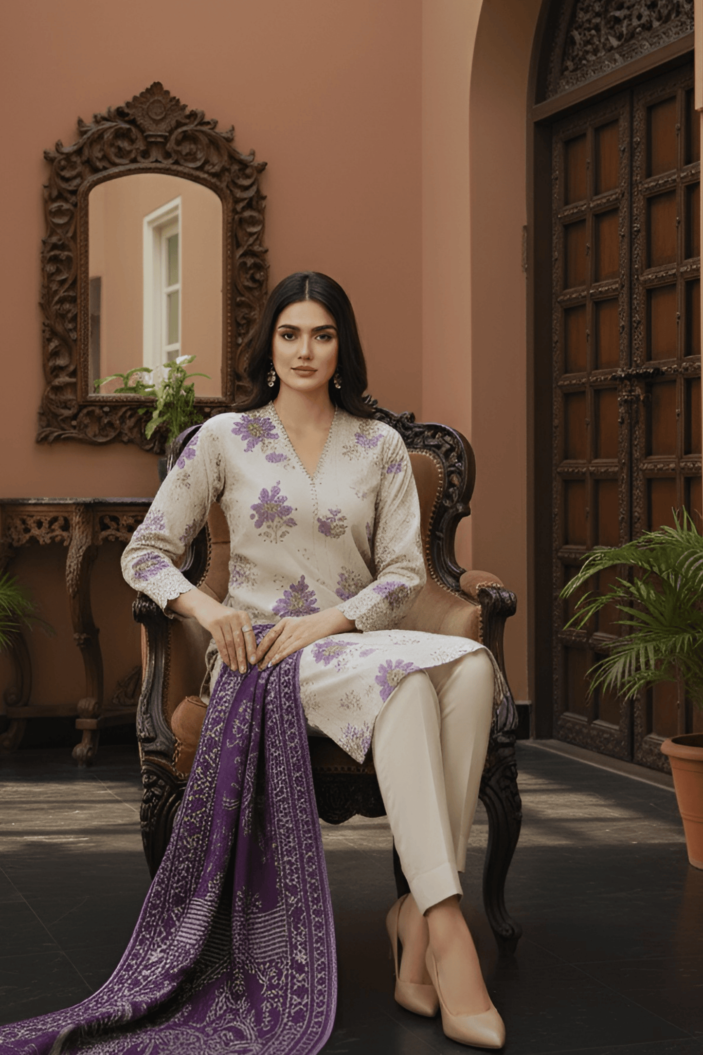 3 Pieces - Marooj Unstitched Off White Printed Khaddar Suit