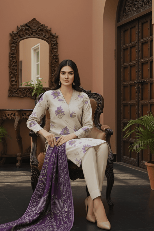 3 Pieces - Marooj Unstitched Off White Printed Khaddar Suit