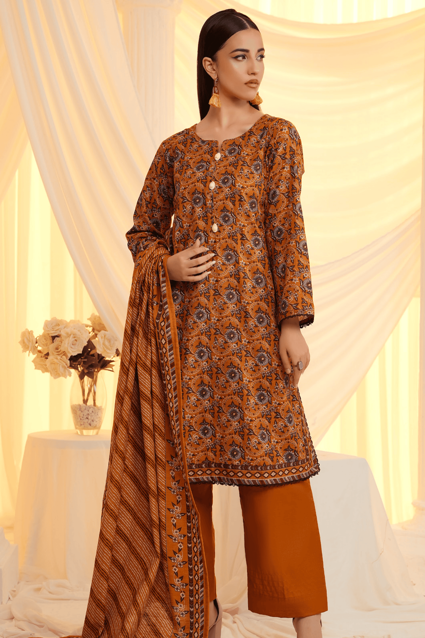3 Pieces - Regalia Unstitched Mustard Printed Khaddar Suit
