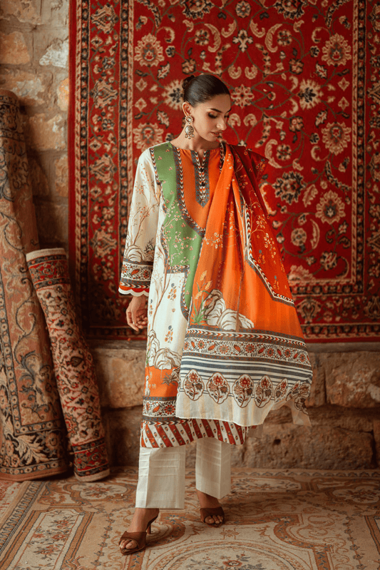 3 Pieces - GulAhmad Unstitched Creamy White Printed Lawn Suit
