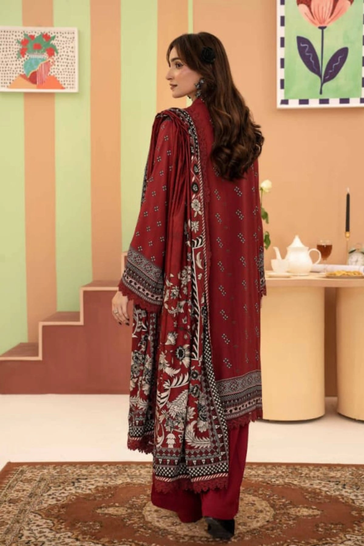 3 Pieces - Raabi  Unstitched Maroon Printed Ladies Linen Suit