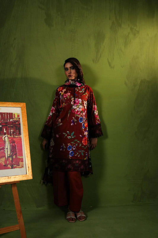 3 Piece: Aangan By Paltar Unstitched Maroon Ladies Lawn Suit