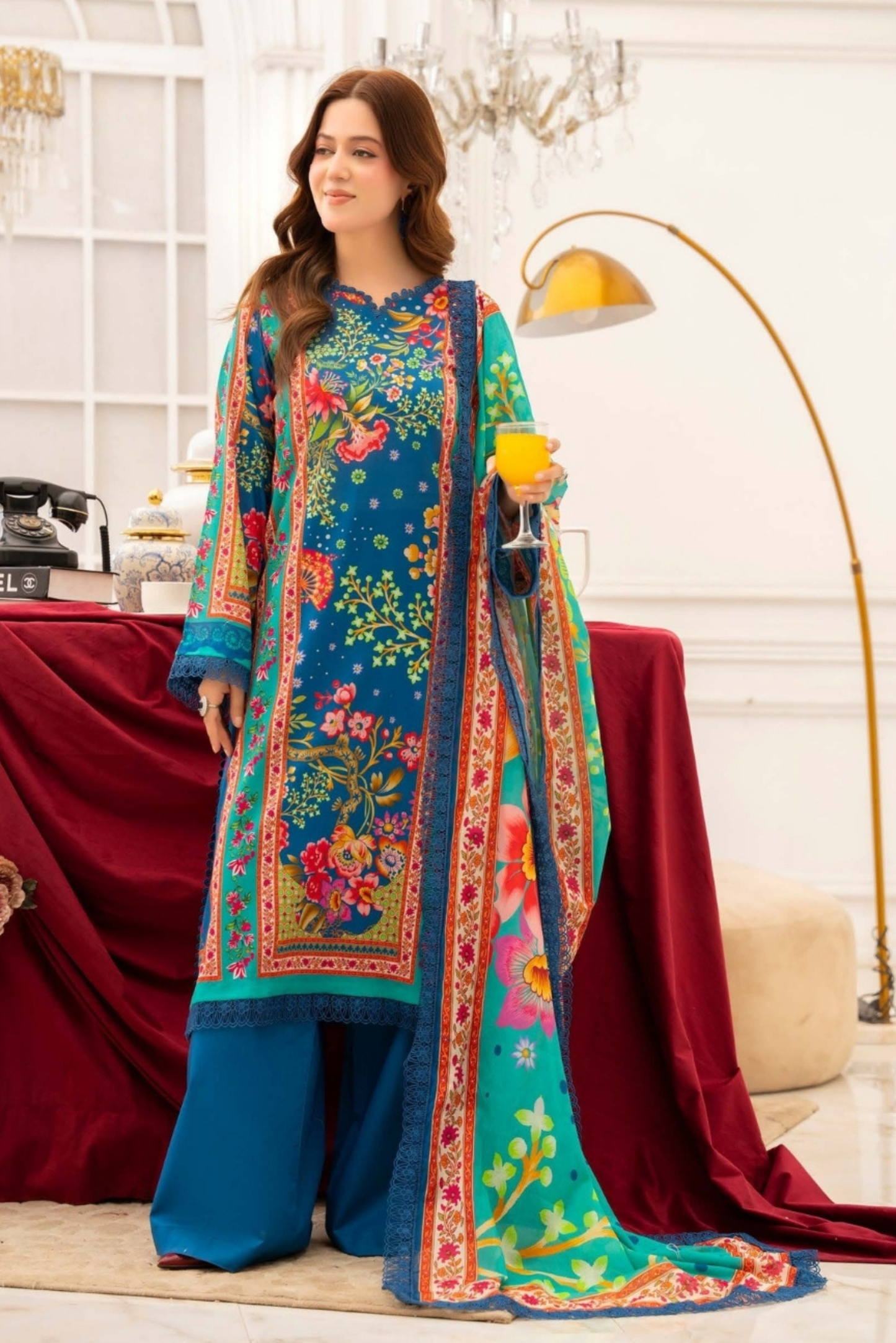 3 Pieces - Raabi Unstitched Royal Blue Print Lawn Suit