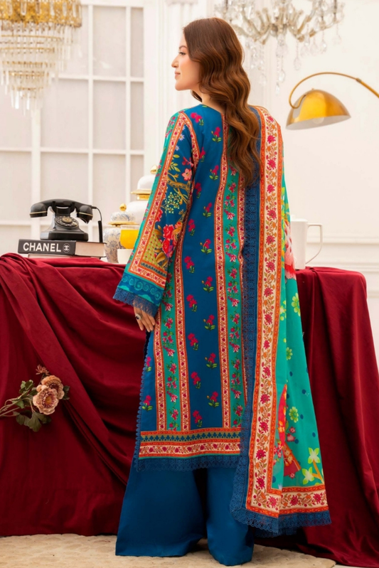 3 Pieces - Raabi Unstitched Royal Blue Print Lawn Suit