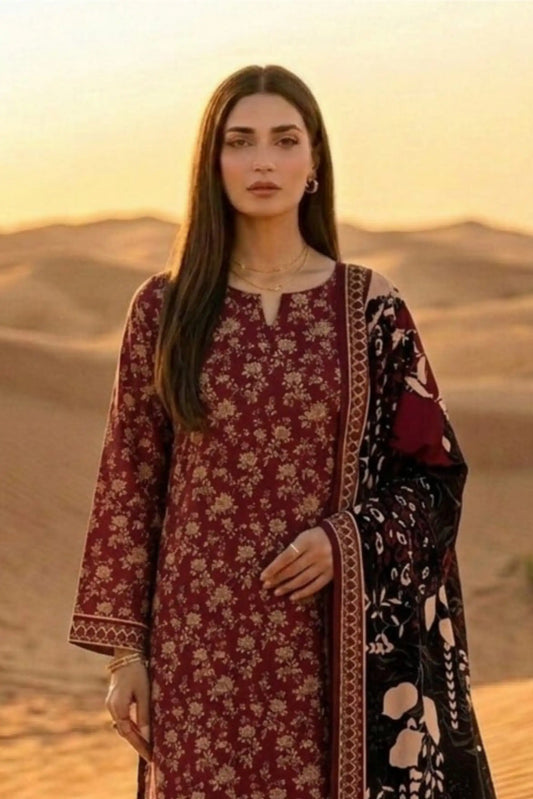 3 Pieces - Janan Unstitched Maroon Printed Lawn Suit