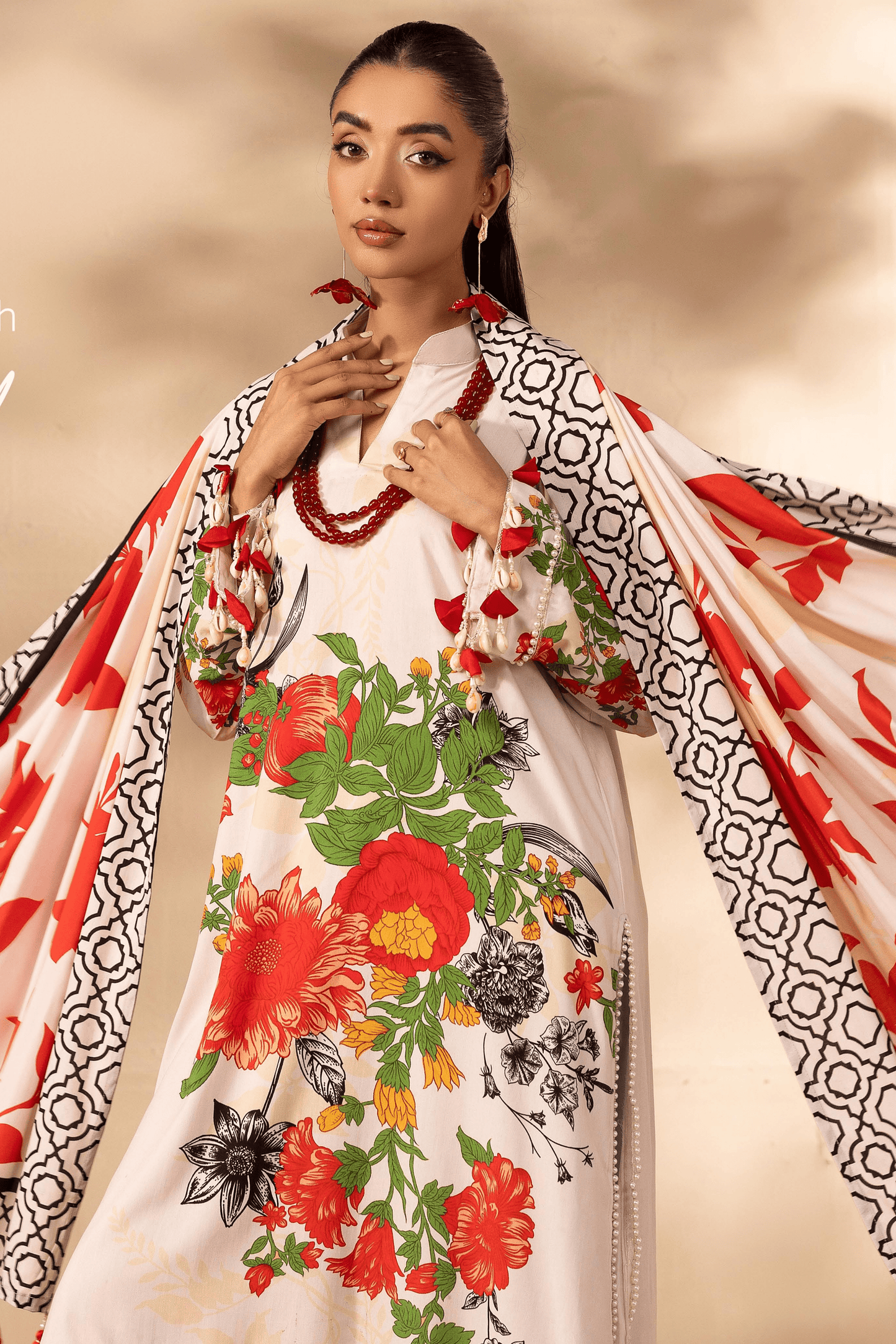 3 Pieces - Rangreza Unstitched Off White Printed Linen Suit