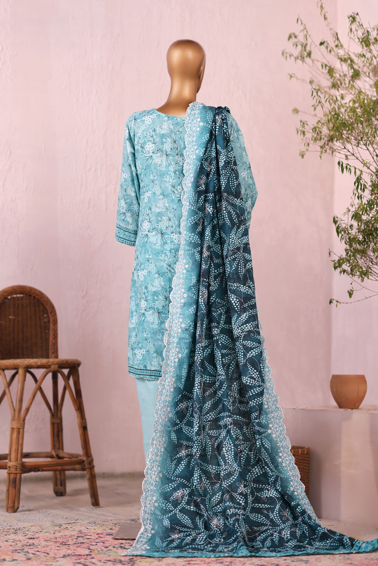 3 Pieces - Riwayat Unstitched Firozi Embroidered Dupatta & Embroidered Shirt Suit