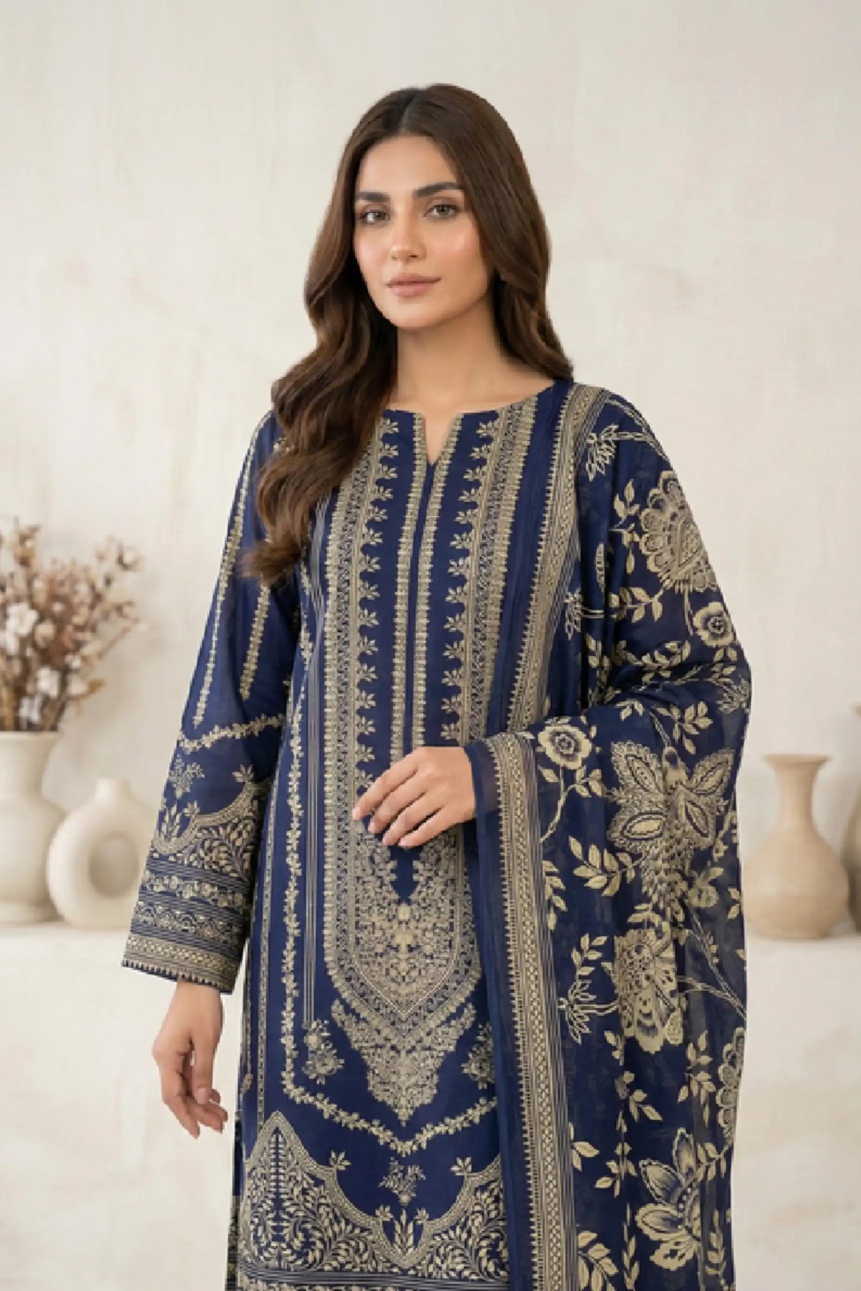 3 Pieces - Marooj Unstitched Navy Blue Transliminor Magic Print Lawn Suit
